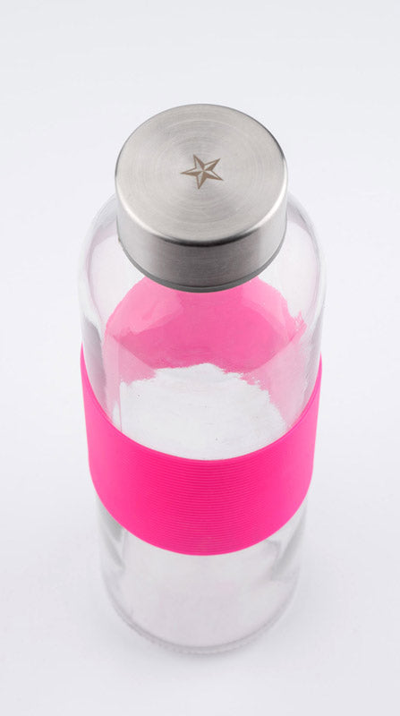 Stikla ūdens vpudele GLASSI 510 ml ar neona rozā gumiju