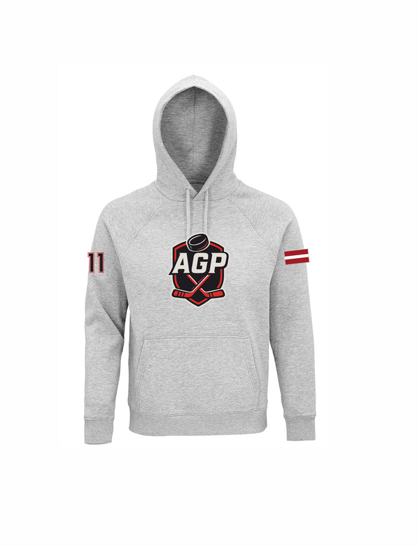 HK AGP pelēks hoodie ar lielo izšūto logo