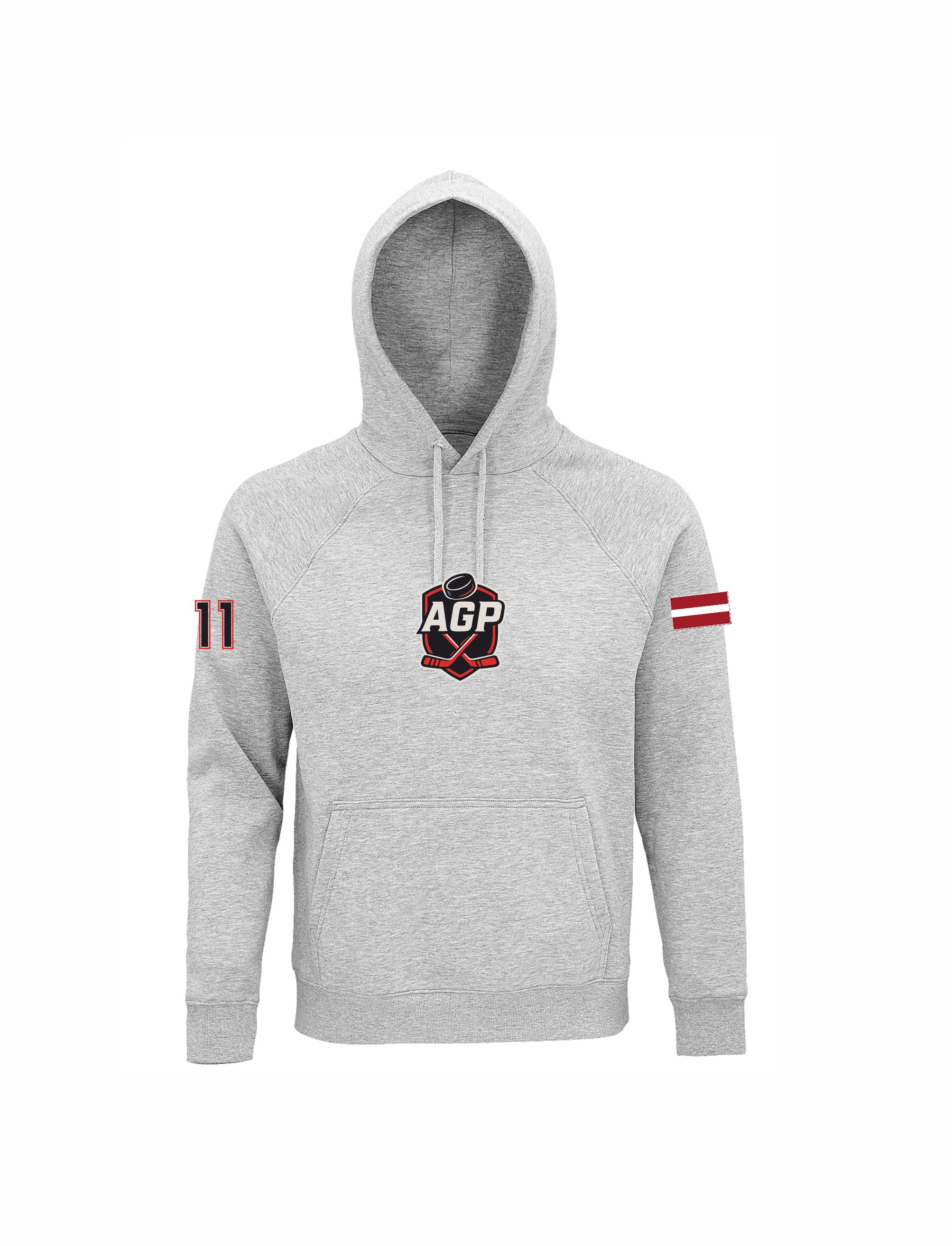 HK AGP pelēks hoodie ar mazo izšūto logo