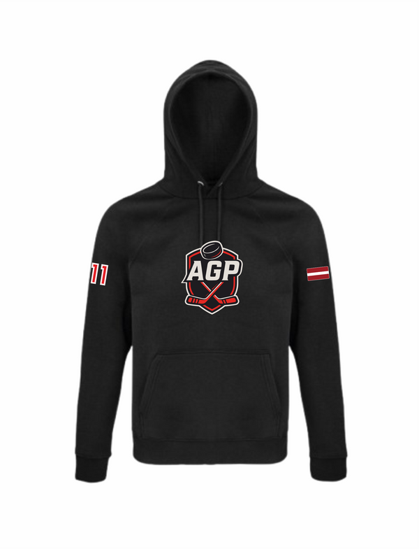 HK AGP melns hoodie ar lielo izšūto logo