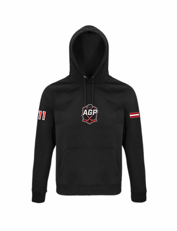 HK AGP melns hoodie ar mazo izšūto logo