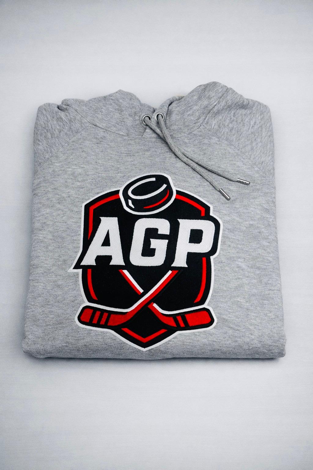 HK AGP pelēks hoodie ar lielo izšūto logo