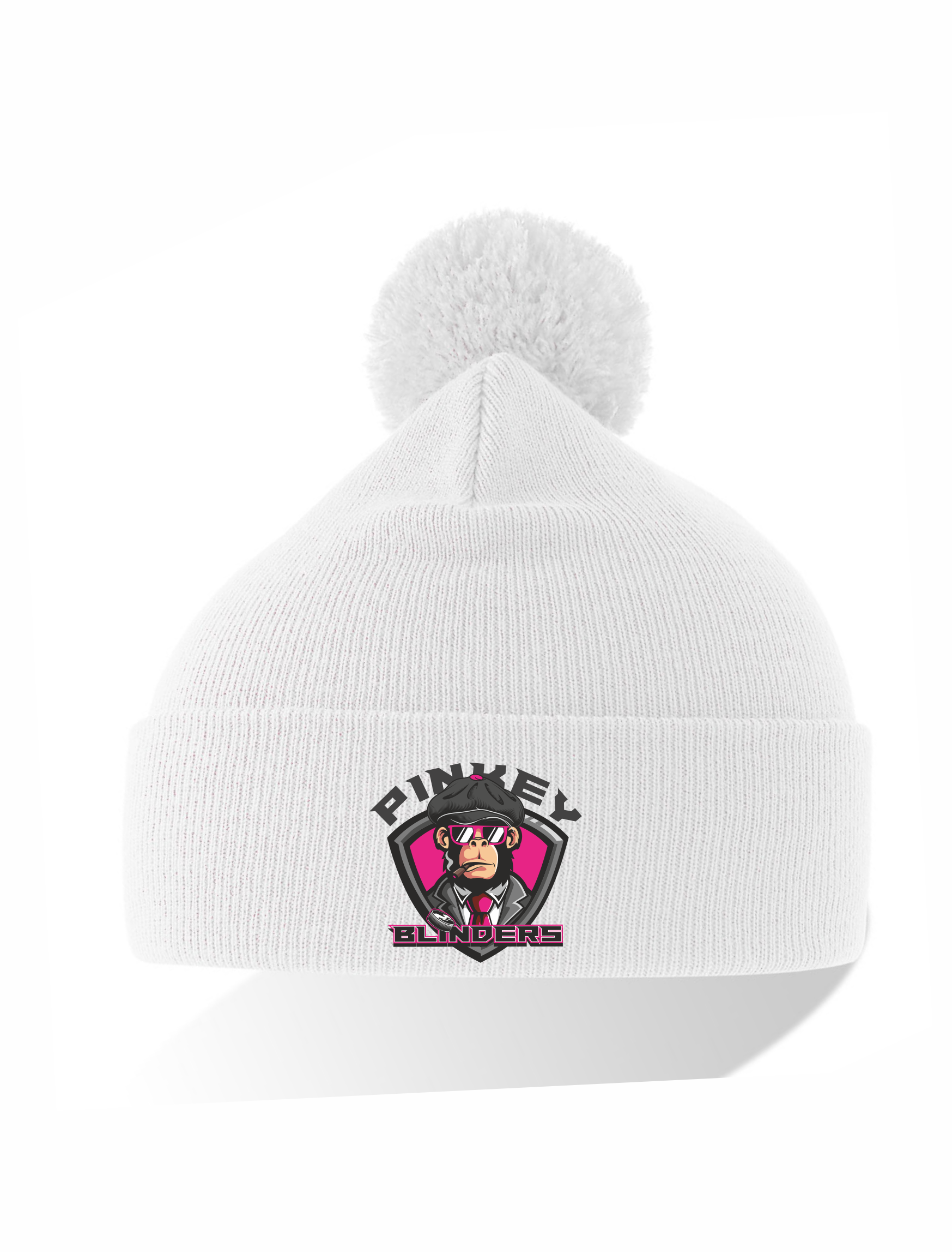 Ziemas cepure balta HK Pinkey Blinders ar pušķi ar izšuvumu